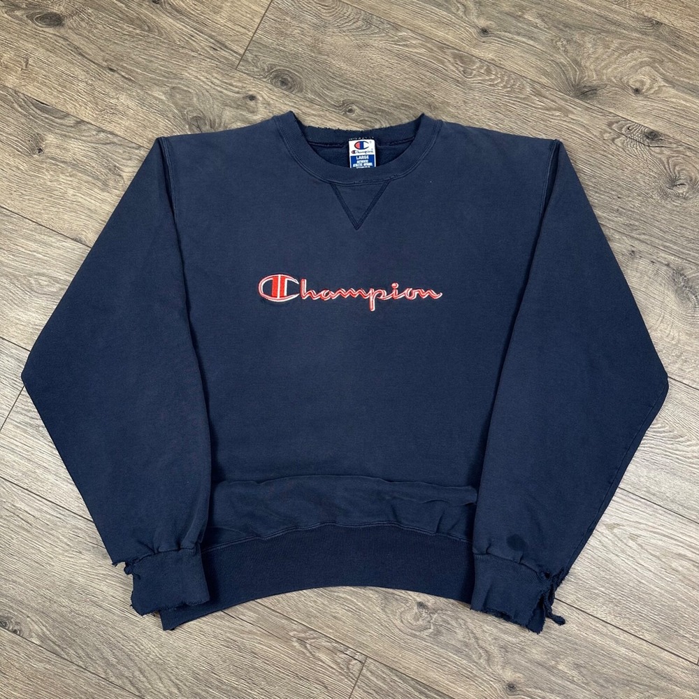 Vintage Champion Sweatshirt‎ Adult Large Navy Blue Embroidered Blank Crewneck